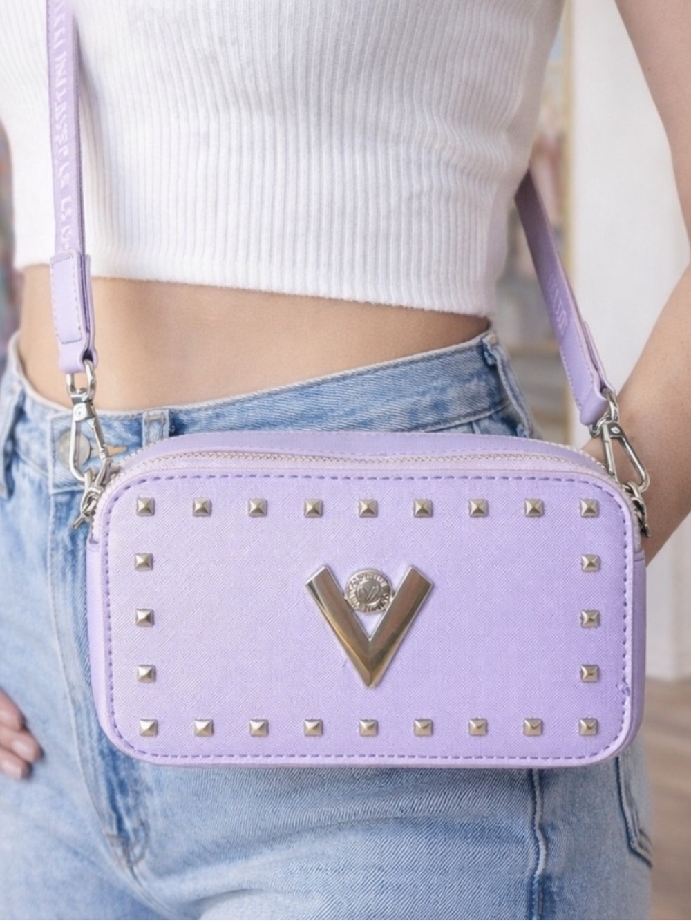 Valentino Orlandi Lavender Studded Camera Crossbody Bag NWT